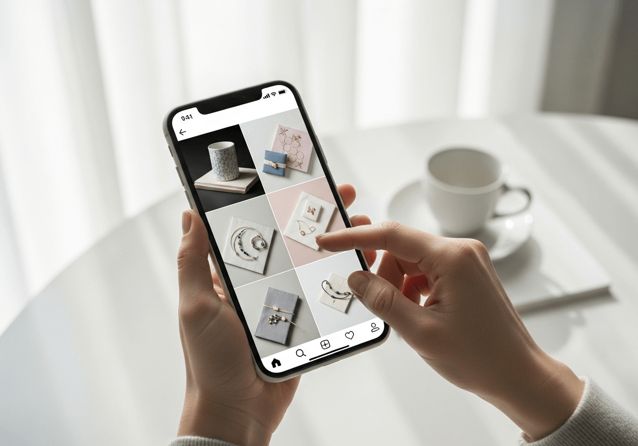スマートフォンでInstagramのフィードをスクロールしている様子。美しいハンドメイド作品の写真が並んでいる。