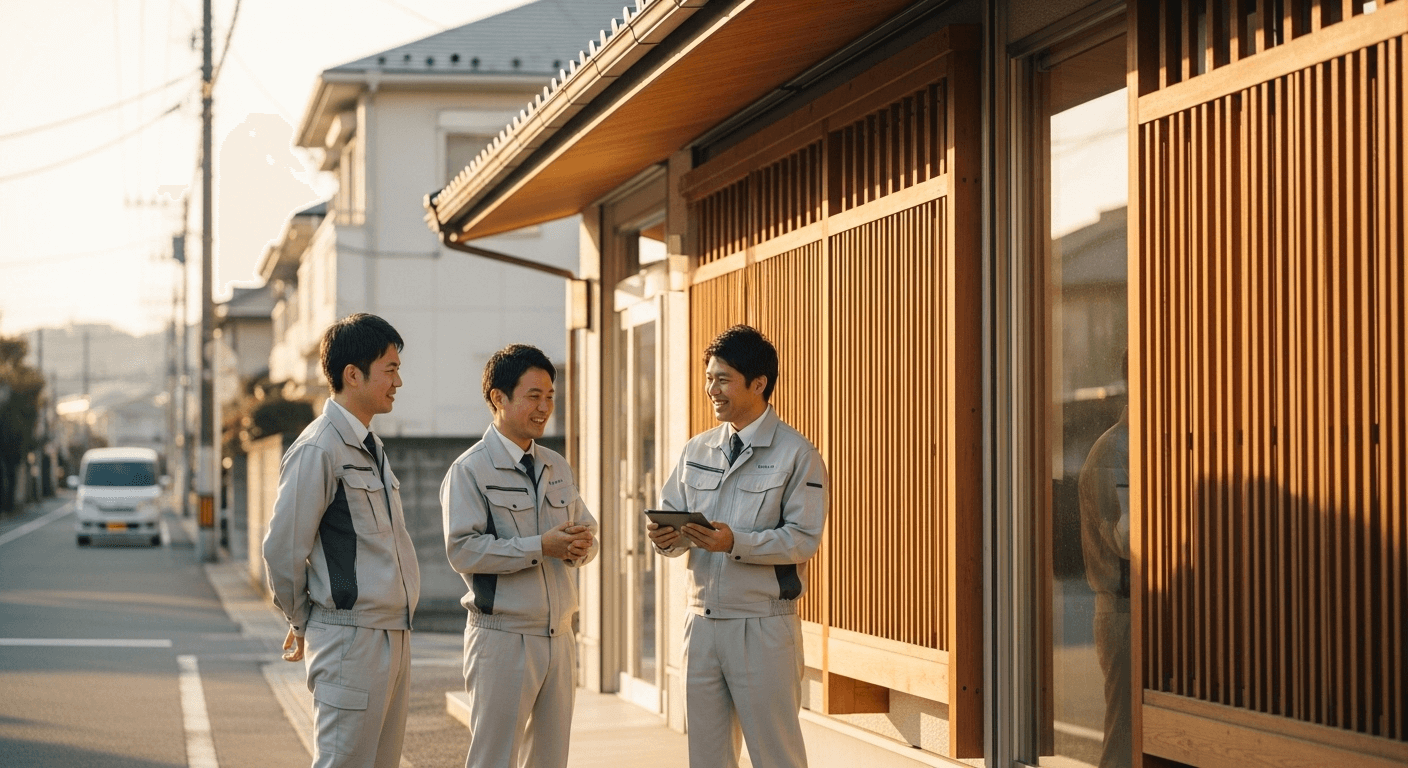 地域に根ざした工務店の温かみのある外観と、その前で談笑する職人たち。ホームページの必要性を考えるきっかけを表現。