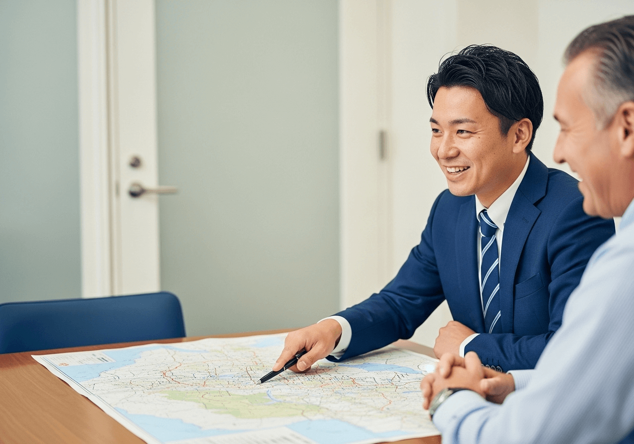 地域の地図を広げ、顧客と笑顔で打ち合わせをする工務店の代表。地域密着型のビジネスモデルを象徴する画像。