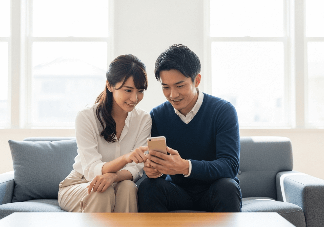 若い夫婦がソファに座り、スマートフォンで理想の家について検索している様子。現代の顧客の情報収集方法を表す。