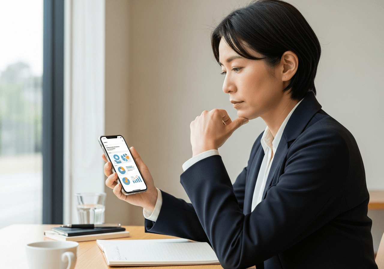 カフェのテーブルの上でスマートフォンのSNSアプリをチェックしている様子。ホームページの必要性を考えている。