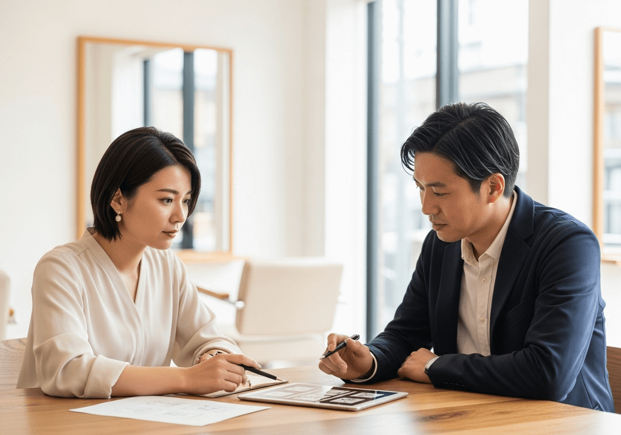 制作会社のデザイナーと美容室のオーナーが打ち合わせをしている様子。デザイン案を見ながら話している。