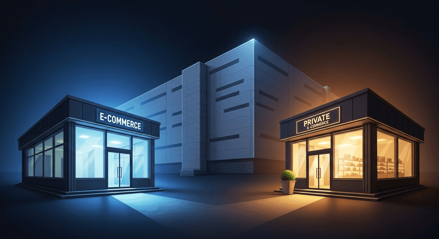 楽天やAmazonといったECモールと、独自のロゴが描かれた自社ECサイトが分かれ道にあり、どちらに進むか選択を迫られている様子を描いたイラスト。