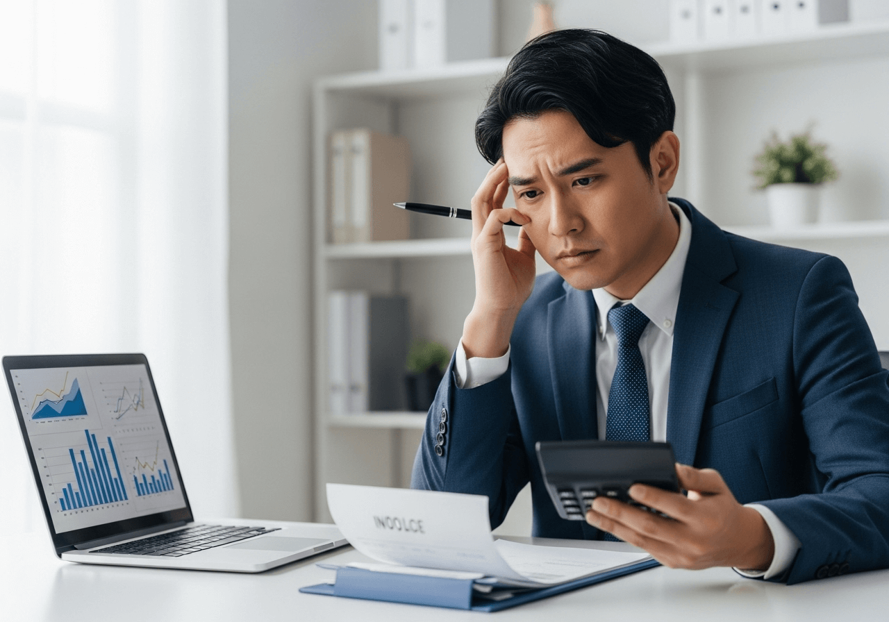 パソコンの前で電卓を片手に、請求書を見ながら頭を悩ませているネットショップ店長のイラスト