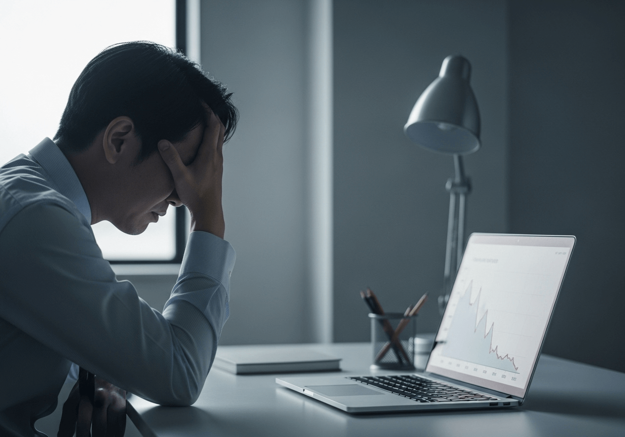 オープンしたばかりの自社ECサイトで、訪問者数がゼロのグラフを見て途方に暮れる店主の様子。