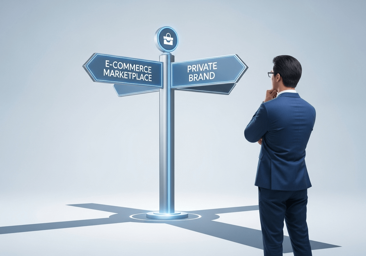 ECモールと自社ECサイト、二つの道を示す標識の前で、事業主がどちらの戦略を取るか考えているイラスト。