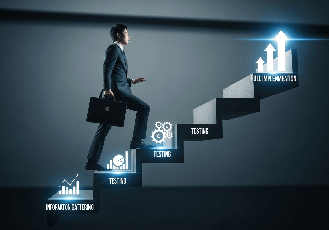 情報収集、テスト、本格移行という3つのステップが描かれた階段を、ビジネスパーソンが一段ずつ登っていく様子。