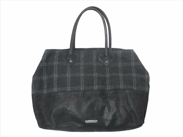 ウール チェック 切替 デストロイレザー トートバッグ 画像