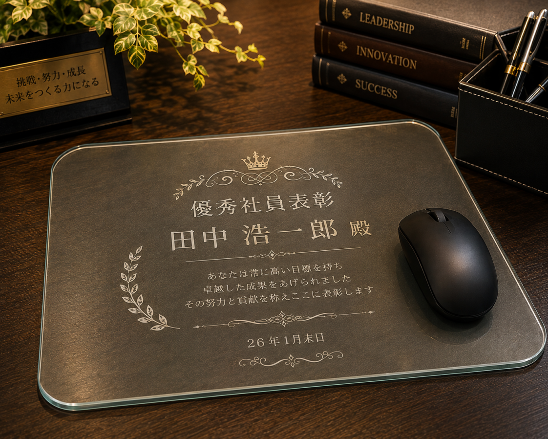 永年勤続表彰のオリジナルデザインで作成した名入れマウスパッド