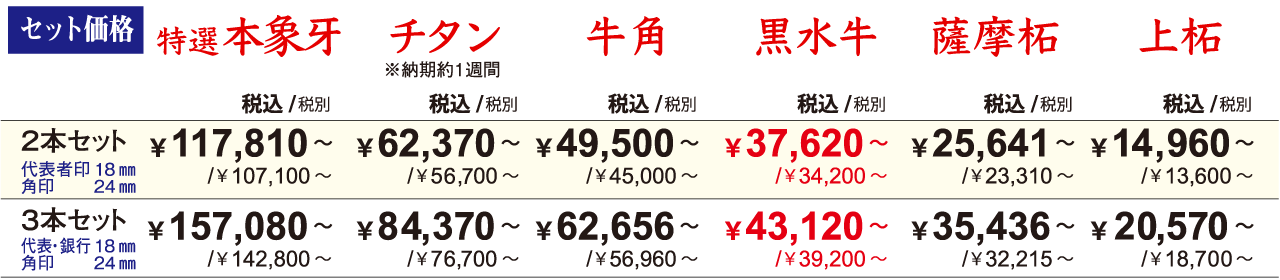 法人印２本セット３本セットの料金表