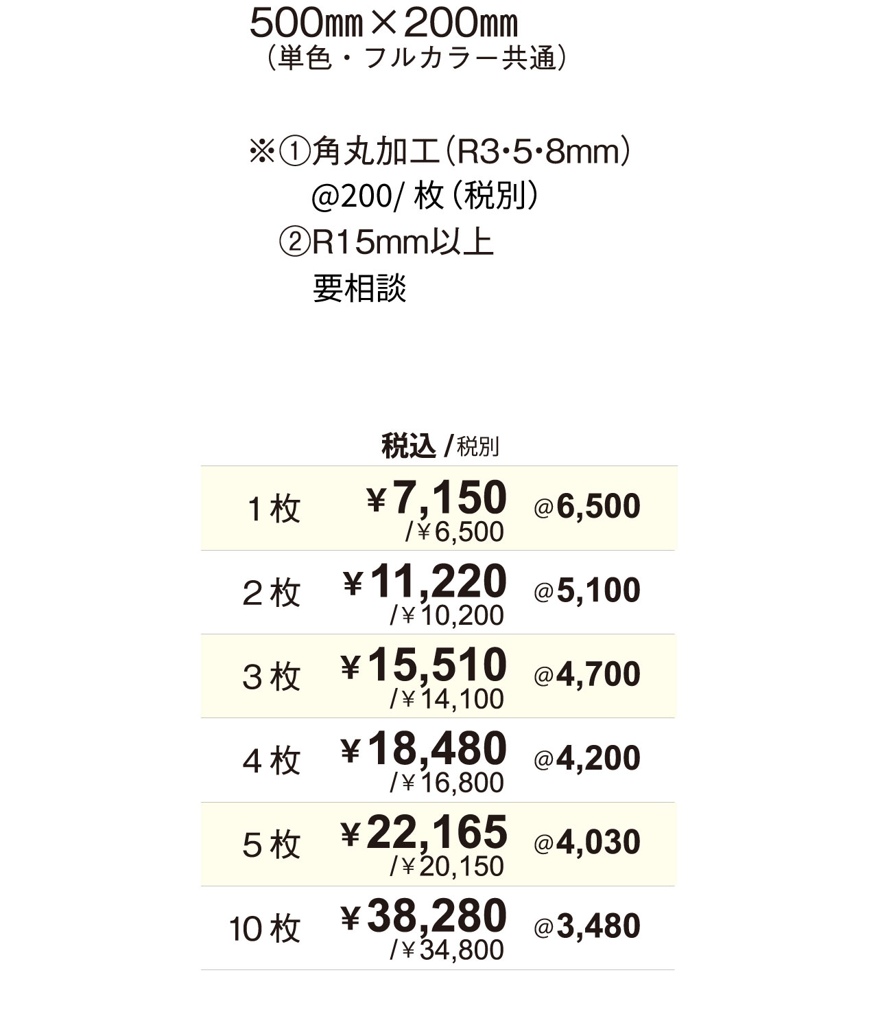 車両用マグネットシート料金表