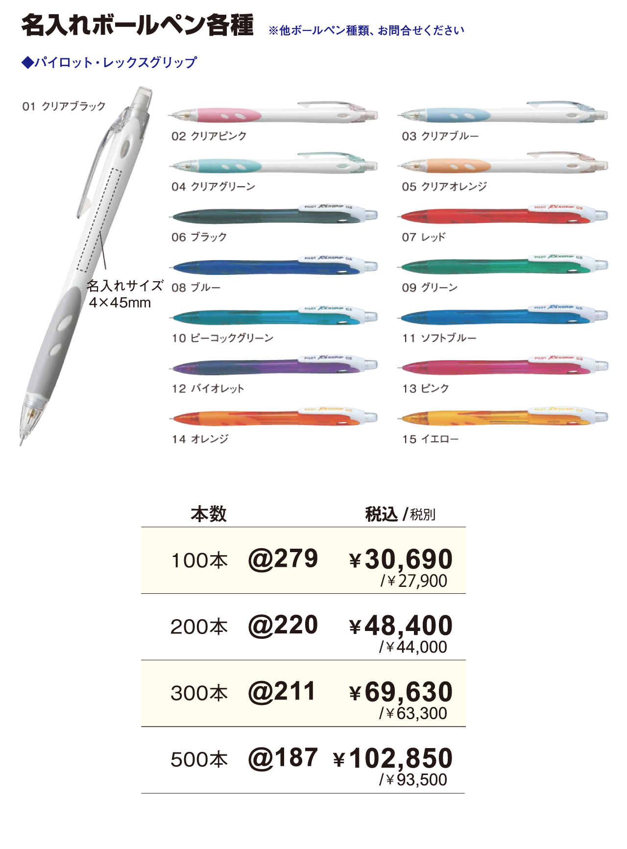 パイロットボールペン各種名入れ料金表