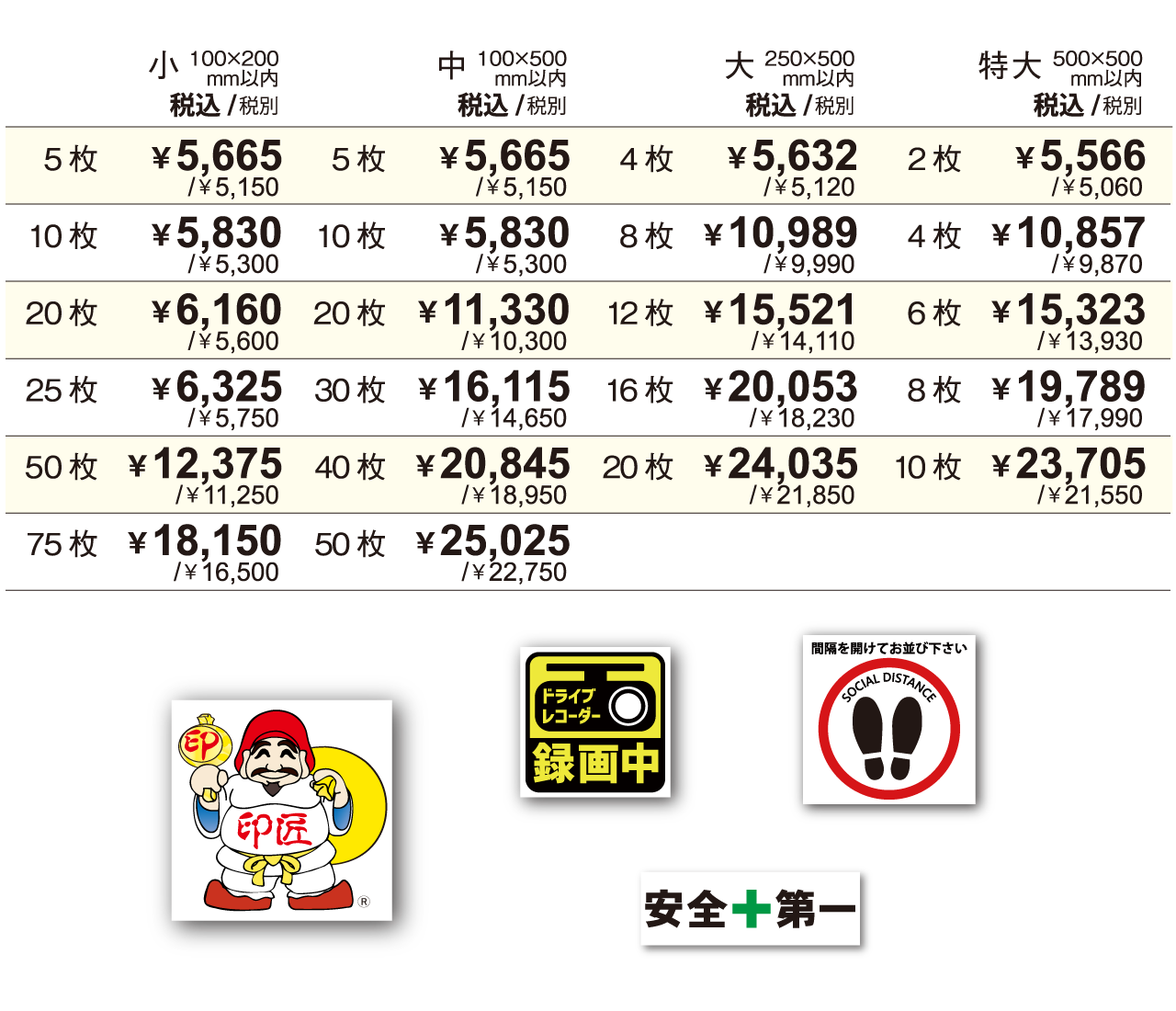 屋外用ステッカー料金表