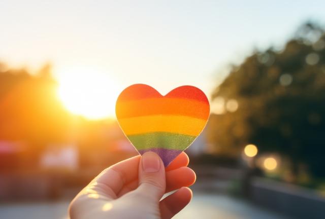 レインボーカラーのハート型オブジェを手に持ち、夕焼け空にかざしている様子。多様性と希望を象徴し、やさしい社会への願いを込めた瞬間
