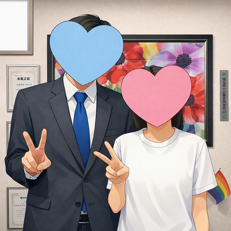成婚退会の来店時に相談室で撮影した、顔をハートで隠した男女のイラスト風ツーショット写真