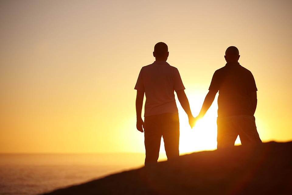 夕日の浜辺で手を繋ぐ男性カップルの後ろ姿のシルエット。LGBTQ＋当事者の婚活やパートナーシップの象徴的イメージ。