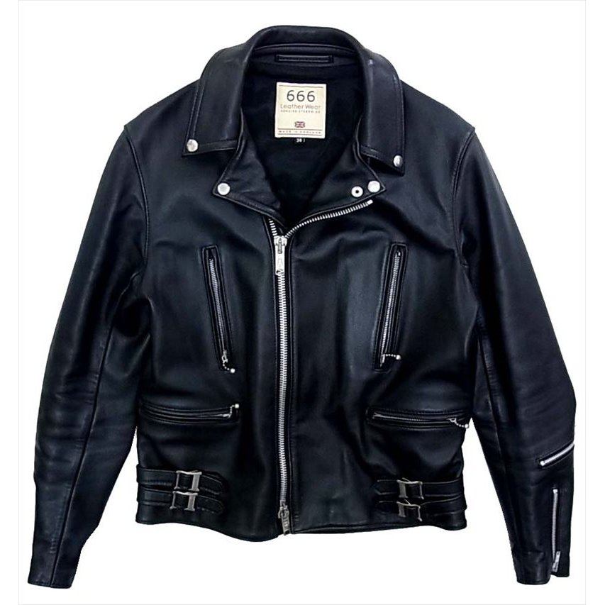666 イングランド製 ダブル レザー ライダース ジャケットブラック系 36 画像