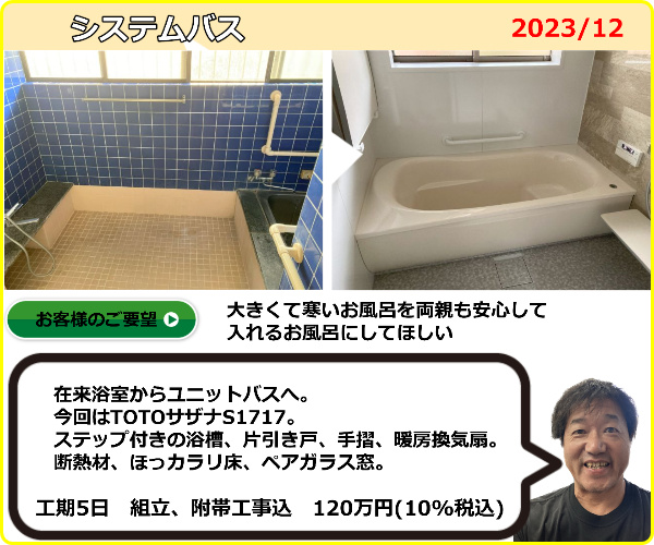 在来浴室からユニットバスへTOTOサザナS1717暖房換気扇付。ペアガラス窓に取り替えてぬくぬくのお風呂になりました