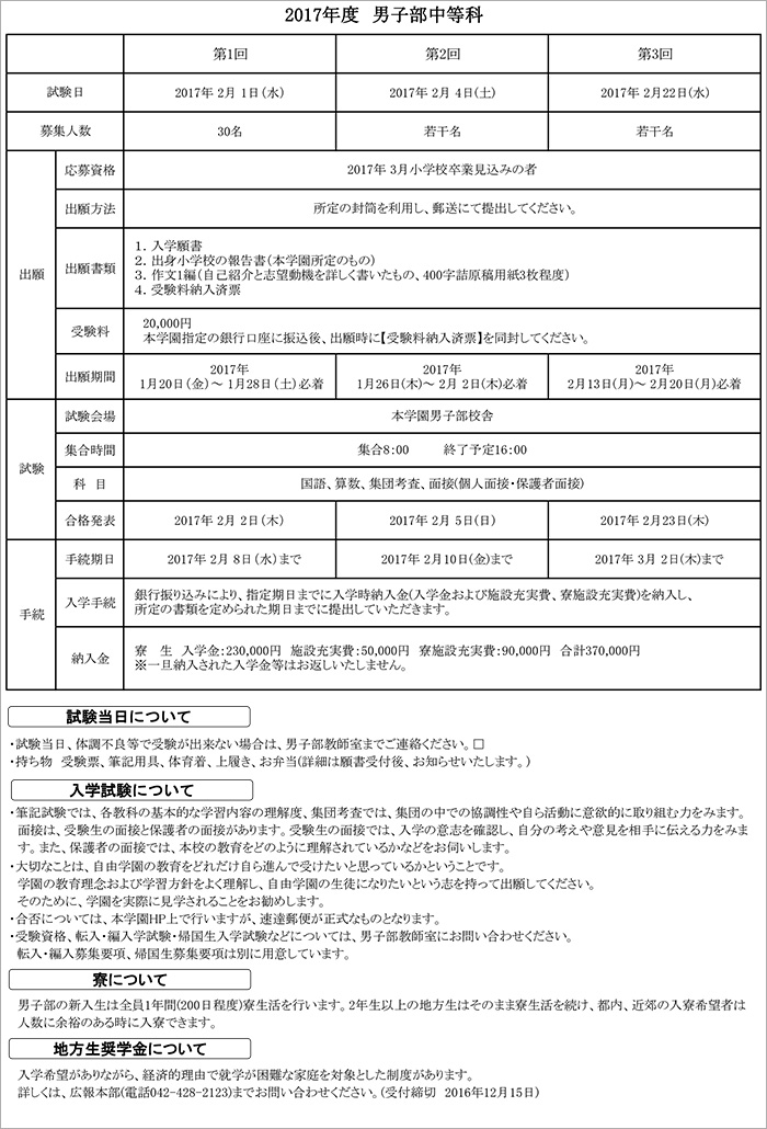 2017年募集要項 男子部(中等科)
