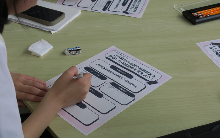 浮かんだアイデアをワークシートに書き込む