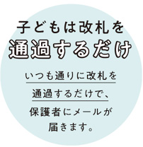子どもは改札を通過するだけ いつも通りに改札を通過するだけで、保護者にメールが届きます。 子どもは改札を通過するだけ いつも通りに改札を通過するだけで、保護者にメールが届きます。