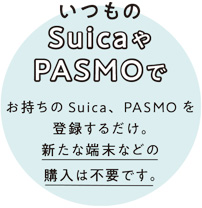 いつものSuicaやPASMOで お持ちのSuica、PASMOを登録するだけ。新たな端末などの購入は不要です。 いつものSuicaやPASMOで お持ちのSuica、PASMOを登録するだけ。新たな端末などの購入は不要です。