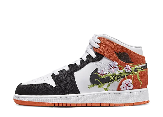 Nike Gs Air Jordan 1 Mid "Floral Embroidery" White/Starfish/Vivid Green/Black