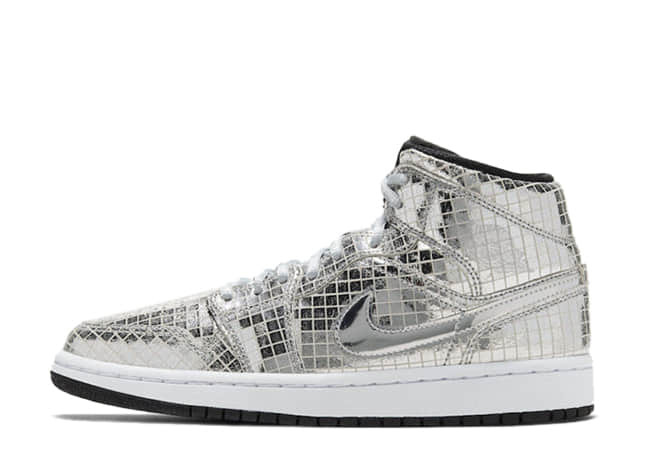 ナイキ ウィメンズ エアジョーダン1 ミッド Se "ディスコ ボール" メタリック シルバー/ブラックホワイト