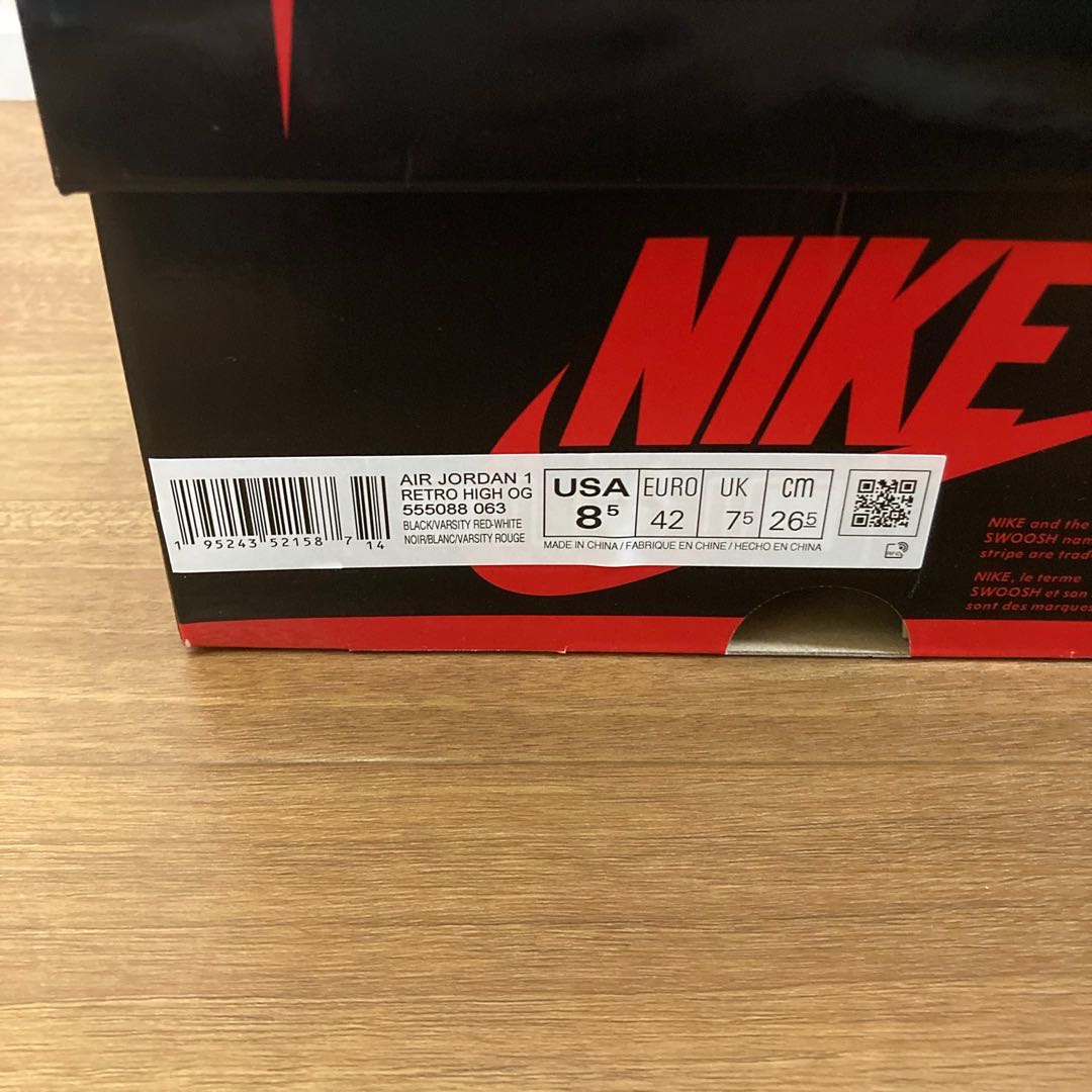 Nike Air Jordan 1 Retro High Og "Bread Patent" Black/HoWight Varsity Red 555088-063 26.5cm