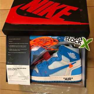 オフホワイト×ナイキ エアジョーダン1 ハイ UNC "ダークパウダーブルー" ホワイト/ダークパウダーブルー/コーン 28cm