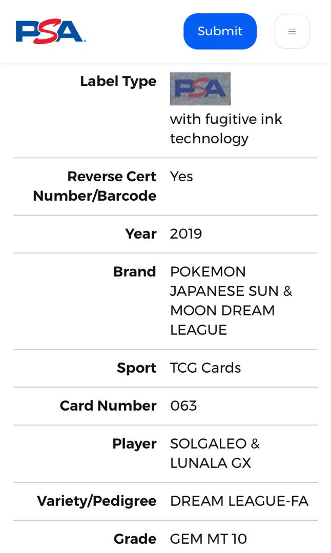 Pokémon Card Solgaleo & LunalaGX SR SA PSA10
