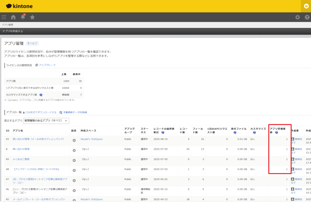 kintone
アップデート
アプリ管理
アプリ管理者数