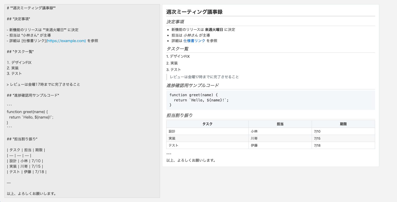 保存を行い、プレビュー欄に装飾されたテキストが表示される
