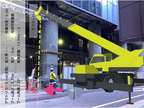 クレーンのブームを旋回させたところ。吊り荷と地盤面の境界(赤い矢印部分)を表示することもできる