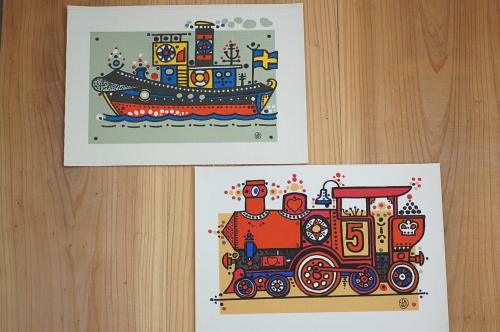 スウェーデンで見つけたキャンバス素材のイラスト2枚セット 船と汽車 サイズ 北欧 暮らしの道具店