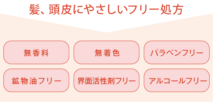 髪、頭皮にやさしいフリー処方　無香料、無着色、バラベンフリー、鉱物油フリー、界面活性剤フリー、アルコールフリー