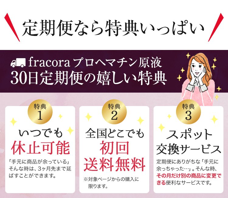 定期便なら特典いっぱい！fracoraプロヘマチン原液　30日定期便の嬉しい特典