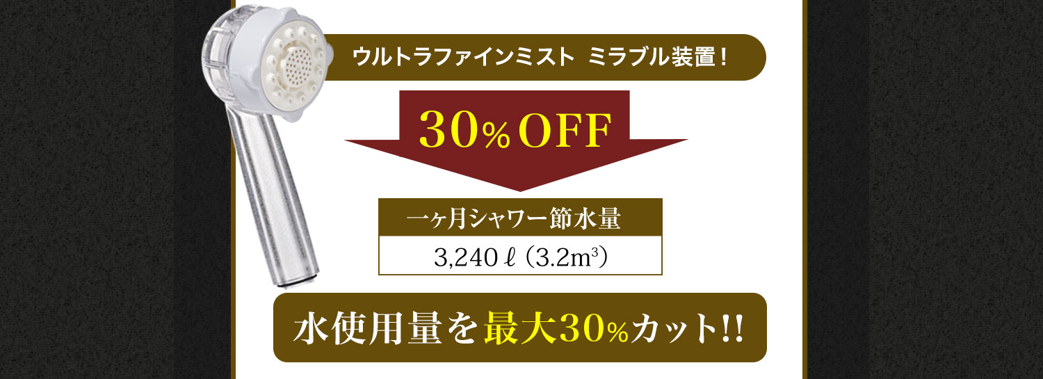 ウルトラファインミスト ミラブル装置！30%OFF一ヶ月シャワー節水量3,240リットル（3.2m3）