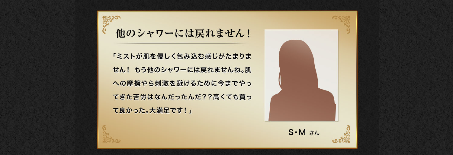 他のシャワーには戻れません！「ミストが肌を優しく包み込む感じがたまりません！ もう他のシャワーには戻れませんね。肌への摩擦やら刺激を避けるために今までやってきた苦労はなんだったんだ？？高くても買って良かった。大満足です！」S・M さん