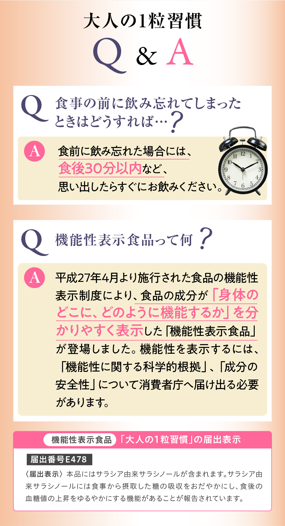 大人の1粒習慣　Q＆A Q食事の前に飲み忘れてしまったときはどうすれば…？　A食前に飲み忘れた場合には、食後30分以内など、思い出したらすぐにお飲みください。
　Q機能性表示食品って何？　A平成27年４月より施行された食品の機能性表示制度により、食品の成分が「身体のどこに、どのように機能するか」を分かりやすく表示した「機能性表示食品」が登場しました。機能性を表示するには、「機能性に関する科学的根拠」、「成分の安全性」について消費者庁へ届け出る必要があります。【機能性表示食品】「大人の1粒習慣」の届出表示【届出番号E478】〈届出表示〉本品にはサラシア由来サラシノールが含まれます。サラシア由来サラシノールには食事から採取した糖の吸収をおだやかにし、食後の血糖値の上昇をゆるやかにする機能があることが報告されています。
