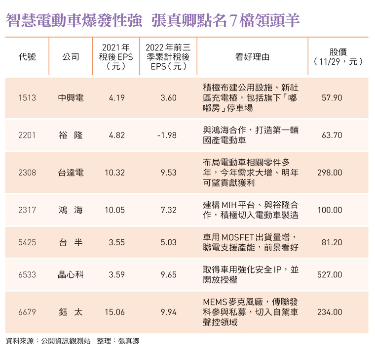 智慧電動車爆發性強 張真卿點名7檔領頭羊