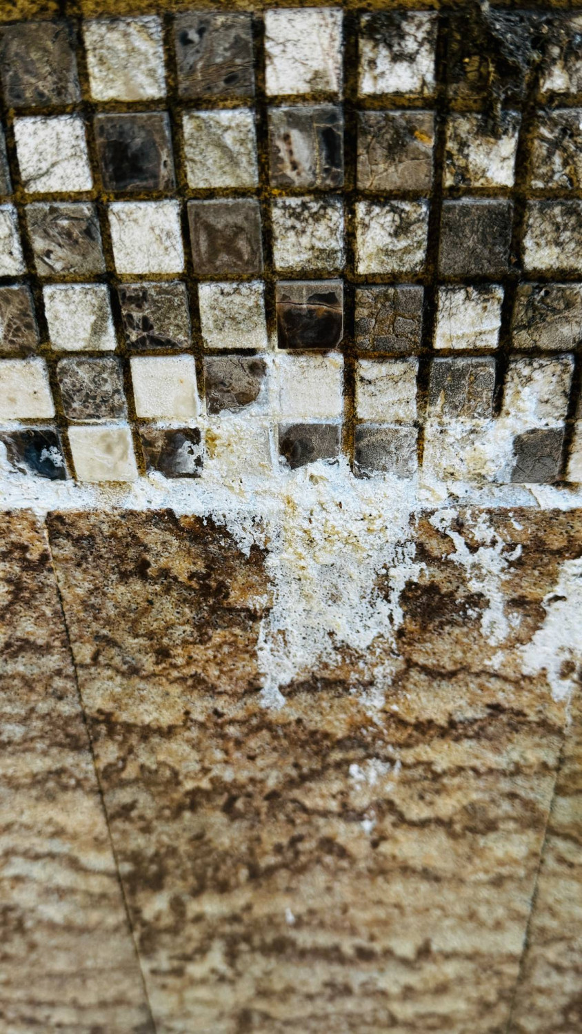 白色粉斑   代表有白華現象，像鹽巴也像黴菌，從孔隙或接縫處流出並增生，外牆變醜是一回事，也代表出現漏水口。