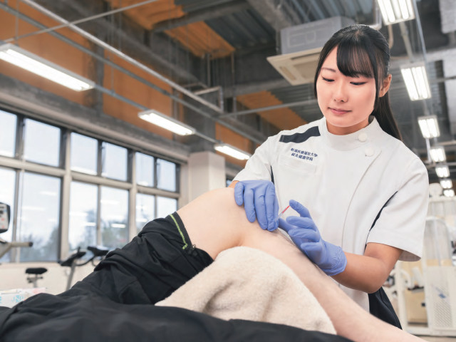 リハビリテーション学部 鍼灸健康学科 医療・スポーツ・美容の分野で、将来の選択肢を広げたい人へ。 附属鍼灸センターでの4年間の実習を通して、 人の身体に向き合う力を、基礎から応用まで身につけます。