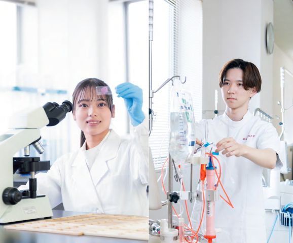医療技術学部 臨床技術学科 日本初！　学生全員で「臨床検査技師」と「臨床工学技士」の ダブルライセンスを目指します。 早期からの学修サポートで高い国家試験の合格率を実現。