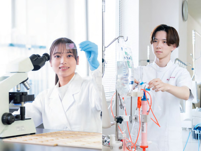 医療技術学部 臨床技術学科 日本初！　学生全員で「臨床検査技師」と「臨床工学技士」の ダブルライセンスを目指します。 早期からの学修サポートで高い国家試験の合格率を実現。