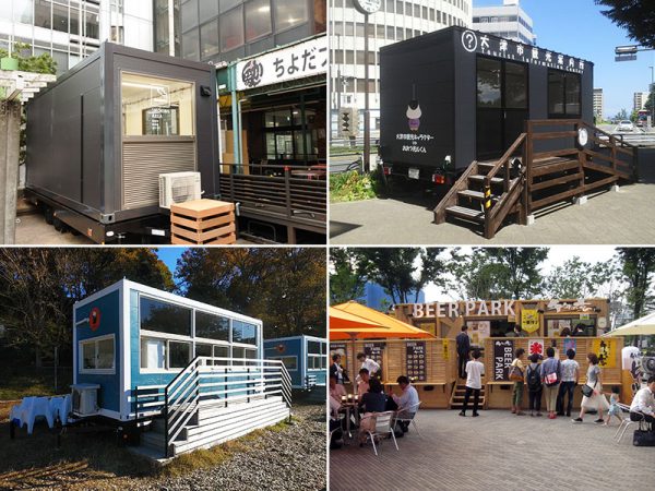 トレーラーハウスの活用事例<br> （左上）千代田区に設置された喫煙トレーラー<br> （右上）観光案内所<br> （左下）カフェ店舗<br> （右下）ビアガーデン