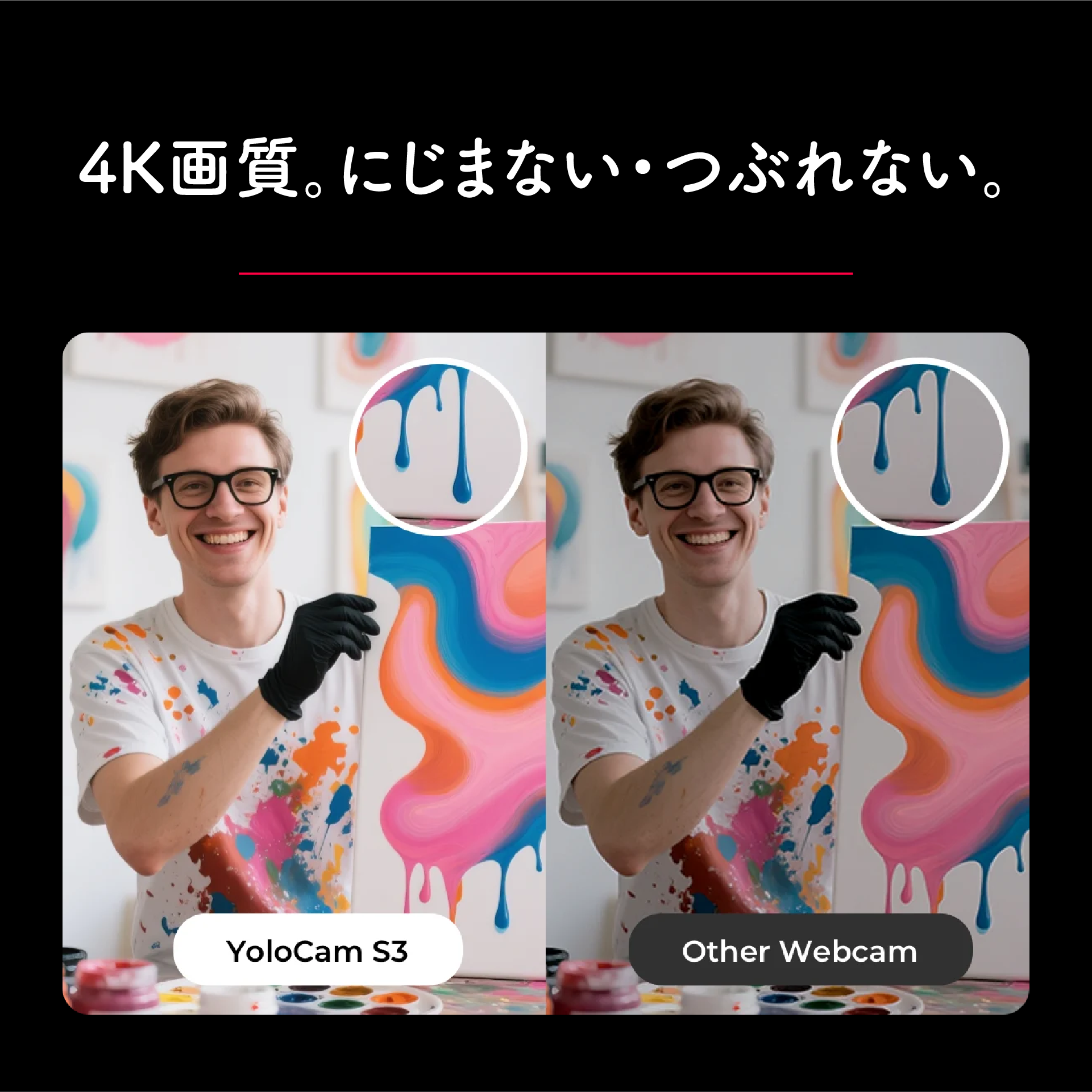 非圧縮4Kで、にじまない・つぶれない。非圧縮4K/30fps、1080p/60fpsに対応し、細部までクリアな映像を狙える。