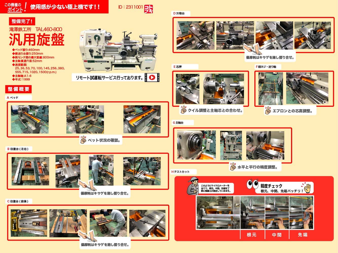 滝澤鉄工所 6尺旋盤 TAL460×800