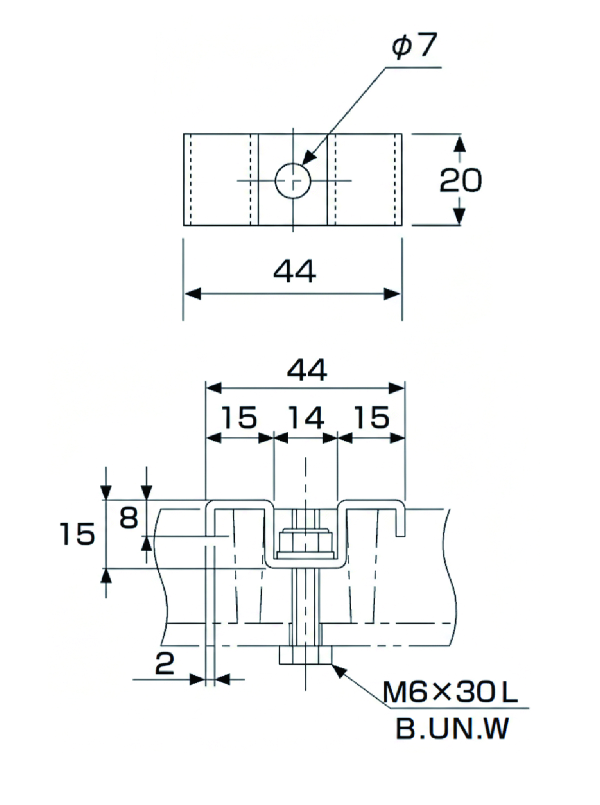 FRPグレーチングの固定金具「25H-1」のサイズ詳細図