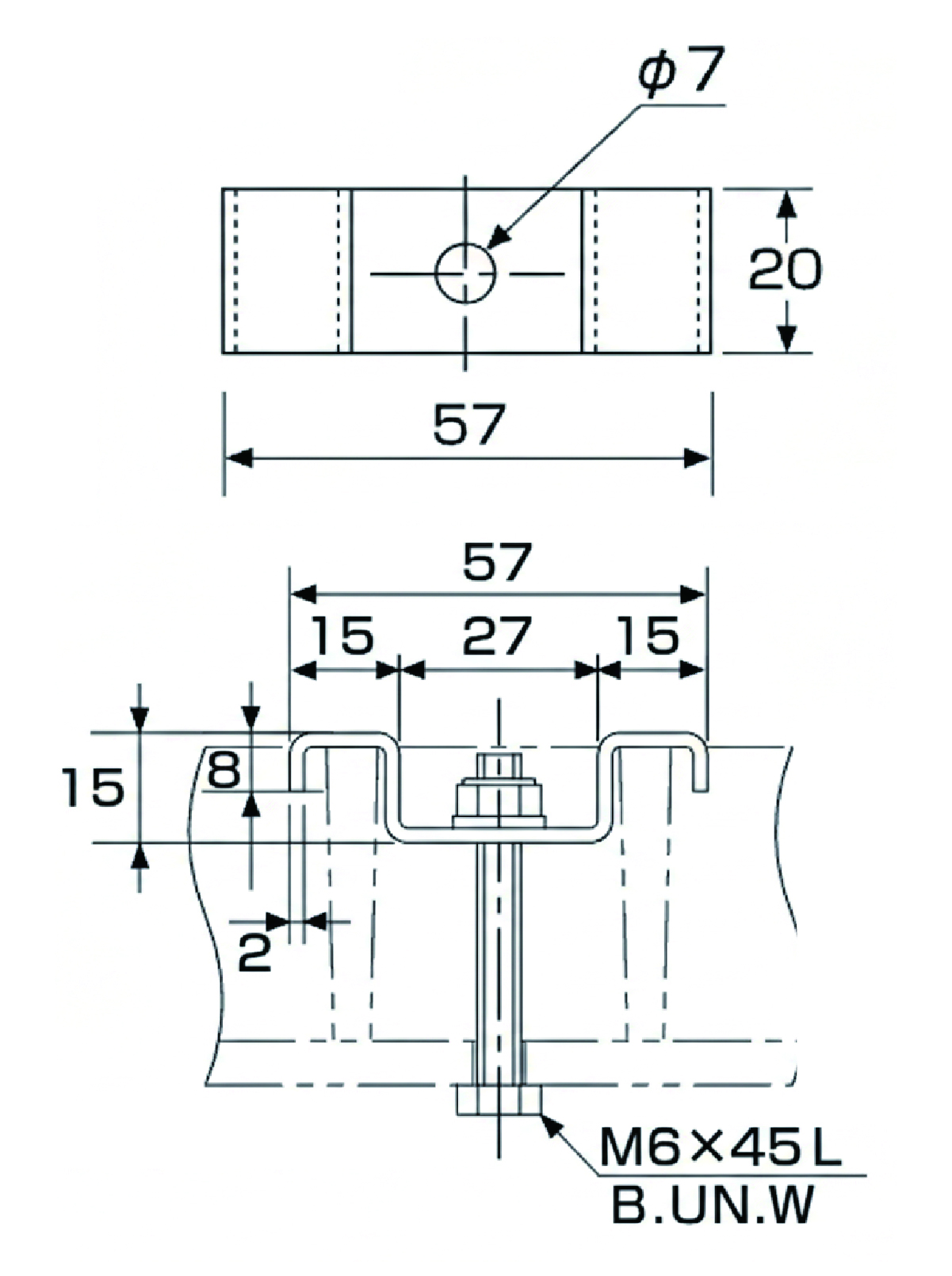 FRPグレーチングの固定金具「40H-2」のサイズ詳細図